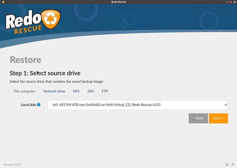 Dialog „Restore – Step 1: Select source drive“ zur Auswahl des Laufwerks, auf dem sich das zuvor erstellte Backup-Image für die Wiederherstellung befindet. (Bild: Joos – Zebradots Software)