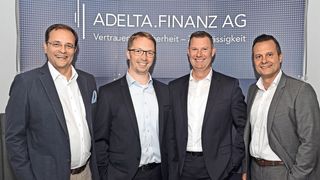 Die neuen Partner: (v. li.) Michael Kiewall, (bei Anag Leitung Finanzdienstleistung, Versicherung & Mobilität), Manuel Scheffler, (bei Adelta Finanz Vorstand Vertrieb), Christian Hegel, (Anag-Vorstand), Stephan Schneider, (bei Adelta Finanz Leiter Gesamtvertrieb). (Bild: Anag)