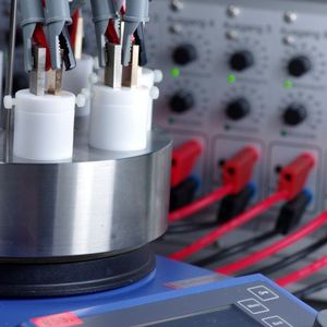 Up to eight different experiments can be simultaneously performed in this screening electrolyzer. Each small plastic cup houses two electrodes. 