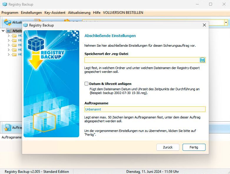 Festlegen des Sicherungsnamens und -ortes in Ascomp Registry Backup. (Bild: Joos – Ascomp)