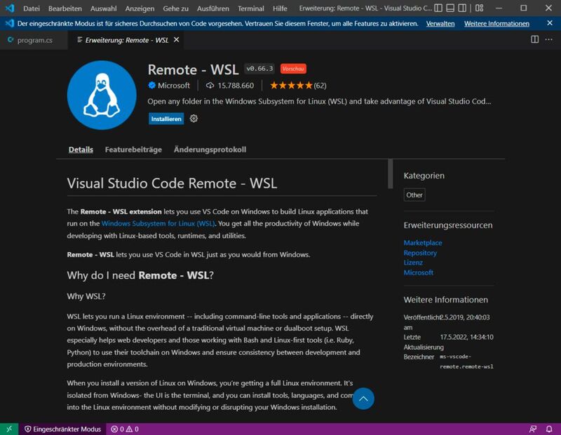 Das Hinzufügen der Extension „Remote-WSL“ in der Windows-Version von VS-Code.