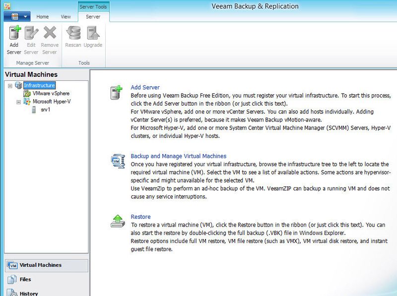 Abbildung 1: Um Veeam Backup zu nutzen laden Administratoren das Produkt herunter und installieren es auf einem Server im Netzwerk. Dabei muss es sich um keinen Hyper-V- oder vSphere-Host handeln. Der Server braucht aber Zugriff auf einen Microsoft SQL-Server; hier reicht auch die kostenlose Express-Edition. Nach der Installation steht die Verwaltungsfläche zur Verfügung. (Bild: Joos)