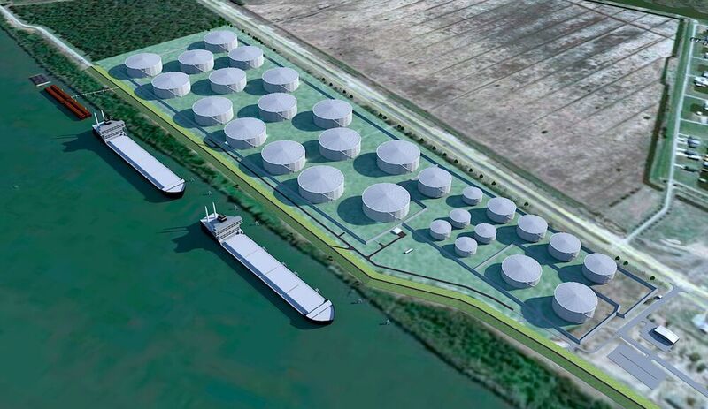 Rendering of the finished site, featuring two wharfs capable of accommodating 1200-foot vessels and a storage capacity as high as 10 million barrels.  (Business Wire)