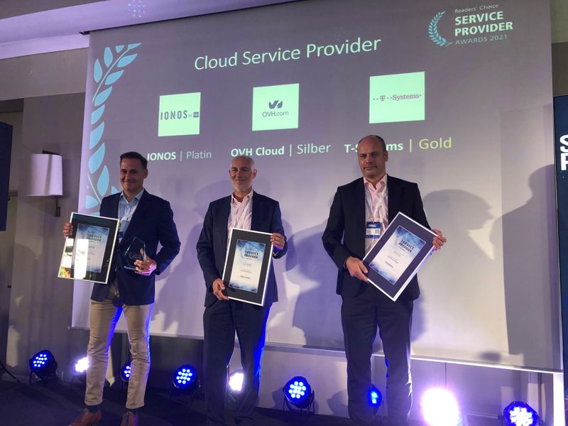 Unsere Leser finden folgende Cloud Service Provider Spitze: (v.l.) IONOS holt Platin, OVHCloud Silber und T-Systems gewinnt Gold. ()