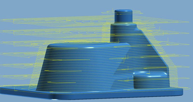 3D-Schrupp-Bearbeitung mit Zwischenschritten von unten nach oben. (Bild: Open Mind)
