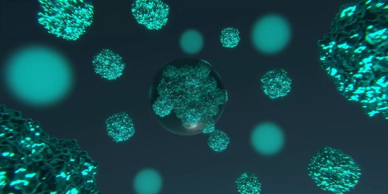 Künstlerische Darstellung des Inneren eines Cyanobakteriums. Hier konzentrieren Kondensate (Kugeln im Bild) Enzyme, die im Rahmen der Photosynthese CO2 fixieren.(Bild:  © MPI für terrestrische Mikrobiologie/A. Küffner)