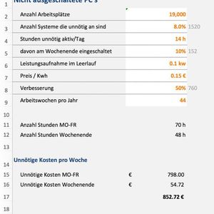 Abbildung 1: Bereits das Einsparpotenzial beim Stromverbrauch durch unnötig laufende Rechner kann enorm sein, wie hier beispielhaft berechnet; eine Software für das End-User Experience Management hilft bei der Betrachtung.