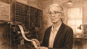 Illustration: Grace Hopper an einem frühen elektromechanischen Rechner mit Lochstreifen. Ihre Arbeit an frühen Compilern und höheren Programmiersprachen prägte die Entwicklung der Computerprogrammierung. (Bild: Dall-E / KI-generiert)
