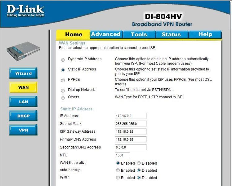 Schritt 3: Unter WAN sehen sie die passenden Einstellungen für den WAN-Port. Unser VPN-Client erhält später die IP-Adresse 172.16.0.38. Sein Gateway wird die IP-Adresse 172.16.0.2. Übernehmen Sie diese Einstellungen oder passen Sie diese an Ihre Gegebenheiten an. Das Gateway wird immer dann benötigt, wenn die IP-Kommunikation über das lokalen IP-Segment hinaus erfolgen soll. (Archiv: Vogel Business Media)
