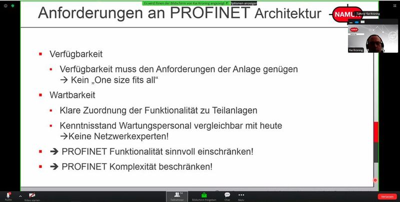 Beim Vortrag von Sven Seintsch (Bilfinger) und Kai Krüning (BASF) ging es um Redundanzkonzepte bei Ethernet am Beispiel Profinet.  (Bild: Screenshot Namur Hauptsitzung 2020)