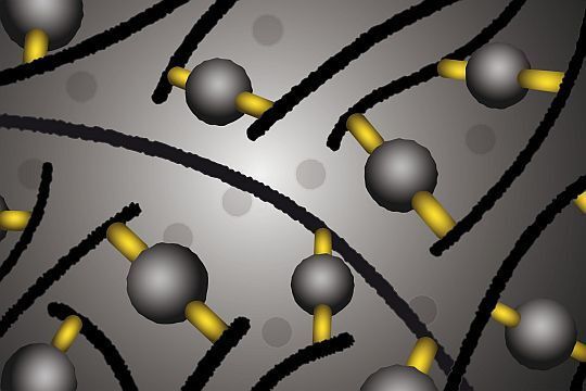 So muss man sich laut Dunlop funktionalisierte Polymere vorstellen (gelb markiert): Sie binden die Silica-Partikel an die langen, fadenförmigen Gummimoleküle. (Archiv: Vogel Business Media)