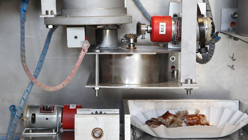 Dann wird die fertige Wurst in Stücke geschnitten werden, die direkt in die Schale fallen. Ein Ruck nach rechts und der „Soßenspender“ gibt die erhitzte Soße aus einem separaten Behälter darüber – fertig. (Bild: Siemens)