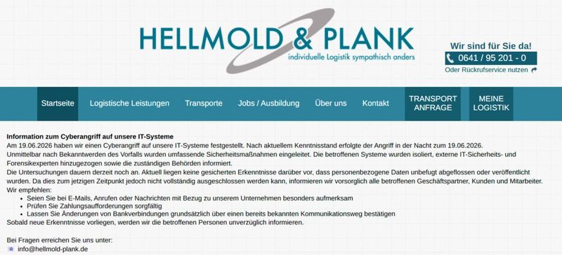 Hellmold & Plank informiert direkt auf der Startseite über den Cyberangriff vom 19. Juni. (Bild: Vogel IT-Medien GmbH)