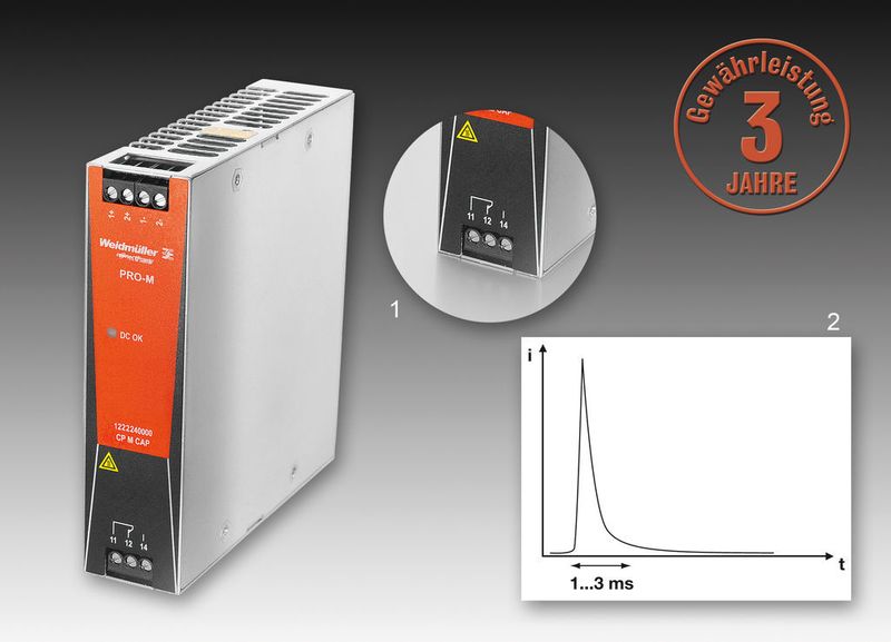 Das Kapazitätsmodul gibt im Fehlerfall einen Stromimpuls ab, wodurch LS-Sicherungsautomaten gezielt auslösen und damit den fehlerhaften 24-V-DC-Stromkreis freischalten.  Detail 1: Das integrierte Alarmrelais zur Spannungsüberwachung. Detail 2: Zuverlässiges Auslösen mit hohen Impulsen.  (Bild: Weidmüller)