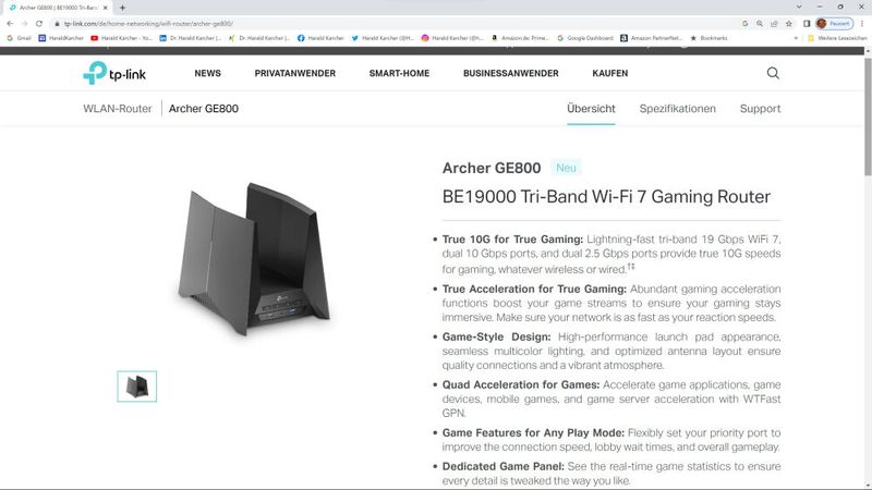 Mit seinem spacigen Flügel-Gehäuse positioniert sich der TP-Link Archer GE800 auch optisch eher als Gaming Router. Mit seiner WLAN-Summe von 18,7 Gigabit liegt er im Mittelfeld der meisten Wi-Fi-7-Router. (Bild: TP-Link)