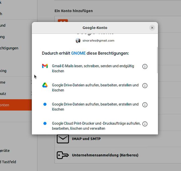 In Linux lassen sich Online-Konten und Google Drive mit den GNOME Online Accounts anbinden.  (Bild: Joos – Google)