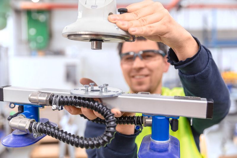 Das Schweißgerät wird nach aller Arbeit in Kartons versendet. Damit das ergonomisch klappt, adaptiert der Werker den Schmalz-Doppelsauger, um das Ganze auf eine Palette zu heben. (Bild: M. Wagenhan)