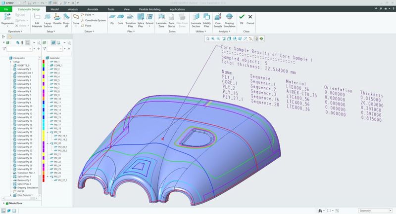 Creo 11 erweitert die Funktionen für die Definition von Gewebelagen in Composite-Bauteilen: Übereinanderliegende Lagen werden in unterschiedlichen Farben dargestellt, so dass sie sich beispielsweise in der Schnittansicht gezielter auswählen lassen. (Bild: PTC)
