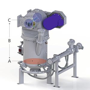 Mit TDG-Gegenstrahlmühlen sind feine Graphitqualitäten bis zu 2,5 µm möglich, hier eine Mühle mit Gasverteilereinheit. Das gemahlene Produkt verlässt den Mahlbereich (A) innerhalb einer permanenten Aufwärtsströmung in Richtung der Sichterrades (C).(Bild:  Hosokawa Alpine)
