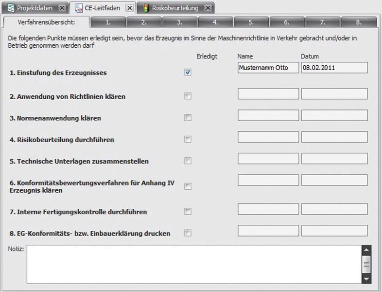 Der CE-Leitfaden führt den Anwender in sieben beziehungsweise acht Schritten durch den gesamten Prozess der Konformitätsbewertung. (Bild: Sick)