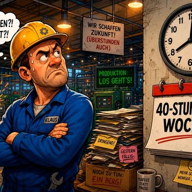 Wenn man seit vielen Jahren die 35-Stunden-Woche gewöhnt ist, schnappt man bei der Forderung seitens der Arbeitgeber, wieder 40 Stunden zu arbeiten, durchaus und verständlich ein. Doch wenn die Gewerkschaft nicht darauf eingeht, kann das weitere Jobs kosten ... (Bild: KI-generiert)