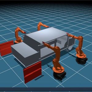 BabaCAD Robotics Web 3.0 : quatre robots autour d'une caisse automobile (import STL), simulés directement dans le navigateur. (Source : BabaCAD Robotics)