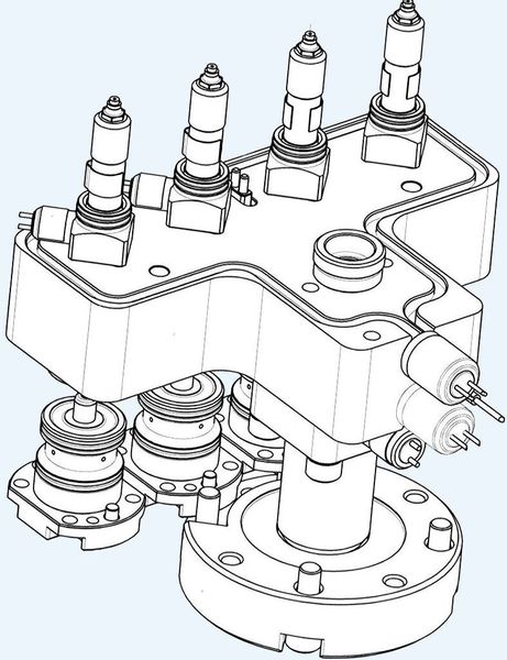 Bild 6: Das Heißkanalsystem umfasst einen Verteilblock in Flachbauweise. Die Verteilerkanäle sind rheologisch optimiert. Die Einspritzung erfolgt mit Nadelverschlussdüsen.  (Bild: Mold-Masters)