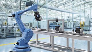 Industrieroboterarm an einer automatisierten Fertigungslinie, ausgestattet mit Roproxcon Hybrid-Verbindern (Bild: Rosenberger)