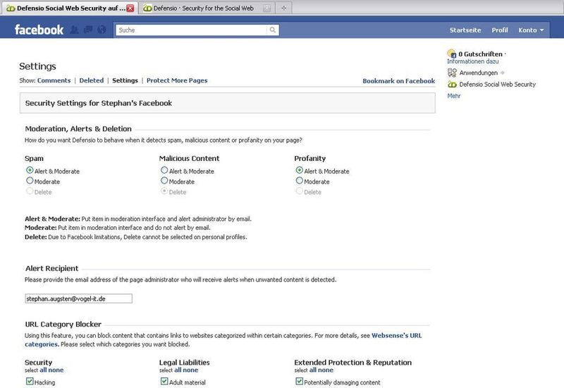 In der entsprechenden Facebook-Anwendung kann man die vorher getätigten Defensio-Einstellungen bei Bedarf ändern. (Archiv: Vogel Business Media)