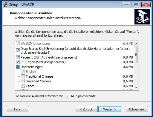 Abbildung 2: Nach Auswahl der Benutzeroberfläche, die im „Commander- oder im Explorer Look“ zur Verfügung steht, können oben gezeigte Komponenten aktiviert werden. Der Schlüsselgenerator PuTTYgen ist eine ideale Erweiterung (siehe auch Abbildung 15) für SFTP. WinSCP unterstützt auch PuTTY über einen direkten Programmaufruf. (Archiv: Vogel Business Media)