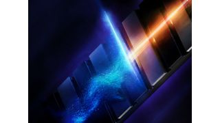Représentation artistique de la génération d'une impulsion d'attoseconde : dans un onduleur à aimants permanents à polarisation alternée, un nuage d'électrons oscillant émet une impulsion de rayons X brève et intense. (Image :European XFEL/Tobias Wüstefeld)
