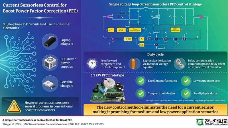 Forscher entwickeln eine sensorlose Boost-PFC-Regelung, die einen Leistungsfaktor von nahezu 0,9998 und geringe Verzerrungen liefert und damit kleinere und zuverlässigere Stromversorgungen für Unterhaltungselektronik ermöglicht.(Bild:  Sung-Jun Park, Chonnam National University)