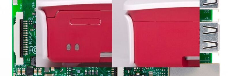 Gehäuse-Fake bei Raspberry Pi 3: Links die chinesische Fälschung mit wesentlich mehr Aussparungen als beim Original (rechts)