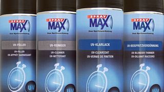 Neu sind UV-Lacke nicht – auch nicht in der Dose. Neu aber ist, dass es mit Spray-Max von Kwasny erstmals solche als vollständig aufeinander abgestimmte Serie gibt. Mit ihrer Hilfe können Werkstätten bei der Kleinschadenlackierung bis zu 75 Prozent Zeit einsparen. (Bild: Kwasny)