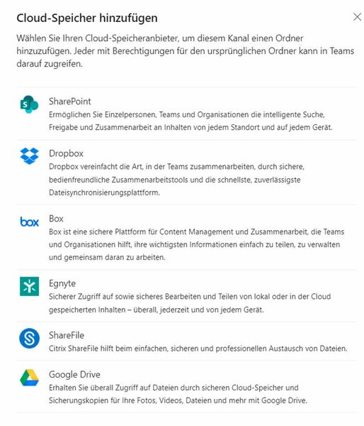 Externe Cloud-Speicher lassen sich über einen Assistenten an Microsoft Teams anbinden. (Joos)