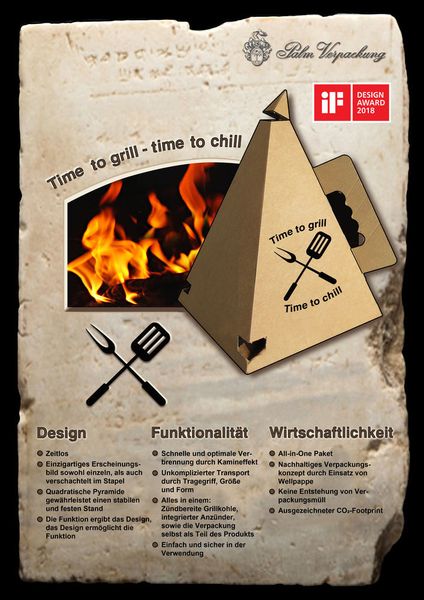 
Gewinner der Kategorie „Funktionalität und Convenience“: Die Grill-Pyramide, eingereicht von Palm Verpackung, vereint Verpackung und Funktion: Sie ermöglicht den Transport der Grillkohle durch einen Tragegriff und beinhaltet gleichzeitig die zündbereite Grillkohle und einen integrierten Anzünder in Form von Wachspapier. Die Anwendung ist simpel: Ecken der Pyramide eindrücken, auf dem Grill platzieren, Spitze abknicken und die Pyramide anzünden. Durch die Pyramidenform entwickelt sich ein Kamin-Effekt und die glühende Kohle ist nach kurzer Zeit grillbereit. Der Einsatz von Wellpappe macht das Verpackungskonzept nachhaltig.
 (DVI Deutsches Verpackungsinstitut)
