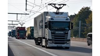 Auf einer Teststrecke in Hessen sind schon Oberleitungs-Lkw unterwegs. (Hessen Mobil)