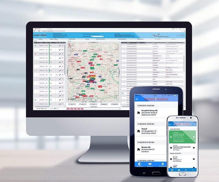 Telematik-Apps können Fahrer über ihr Smartphone oder Tablet nutzen. Seitens der Zentrale läuft die Kommunikation über das webbasierte „Cockpit“. (CouplinkGroupAG)