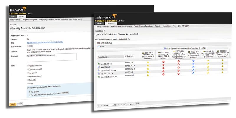 Die neueste Version des SolarWinds Network Configuration Manager (NCM) erleichtert das Sicherheitsmanagement im Netzwerk, indem sie automatisch Sicherheitslücken bei Geräten identifiziert und Problembehebungsaktionen durchführt.(Bild:  SolarWinds)