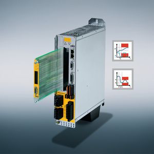 Aus der Kombination der Sicherheitskarte (fliegend im Bild) PMCprotego S und dem Servoverstärker PMCprotego D entsteht die sicher Anntriebslösung Safe Motion von Pilz.
