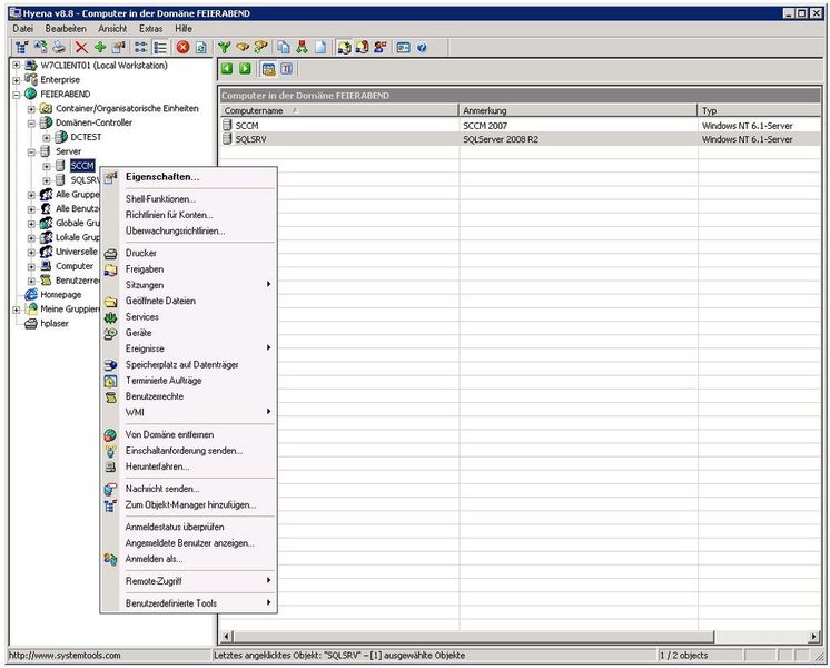 Abbildung 7: Sobald die Netzwerkerkennung von Windows 2008 eingestellt ist, kann Hyena auch Geräte im Objekt „Server“ erkennen. In diesem Beispiel handelt es sich um Window Server 2008R2. Andernfalls wird das Servergerät nicht automatisch erkannt und er muss über den Objekt-Manager direkt „verlinkt“ werden. Anschließend erscheint er im Root. Ein Verlinken im Objekt „Server“ ist nicht möglich. Wie beim Domänencontroller auch, kann der Administrator dann über das Kontextmenü arbeiten. (Archiv: Vogel Business Media)