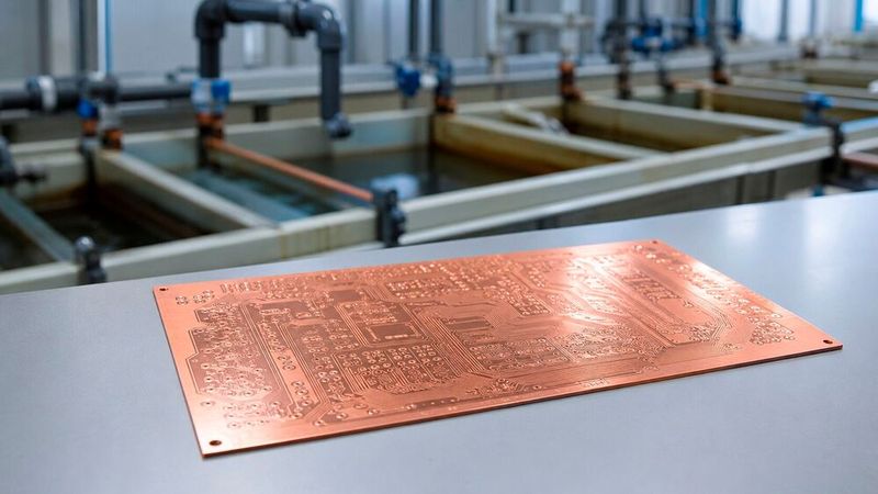 Symbolbild: Leiterplattenpanel vor einer Galvanikanlage.(Bild:  Dall-E / KI-generiert)