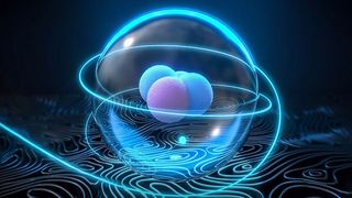 Antiprotonisches Heliumatom im superflüssigen Zustand, das in flüssigem Helium schwebt. Das Antiproton ist durch die Elektronenhülle des Heliumatoms geschützt und vermeidet so den sofortigen Zerfall. (Christoph Hohmann (LMU München / MCQST))