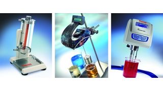 Abb. 1 Viskosimeter für die Qualitätskontrolle: Kugelfallviskosimeter nach Höppler (oben), Thermo Scientific Rotationsviskosimeter Haake Viscotester 1 plus und 2 plus mit Einknopfbedienung (Mitte), ISO 2555 konformes Thermo Scientific Rotationsviskosimeter Haake Viscotester 6 plus und 7 plus mit 21 Drehzahlstufen (unten). (Archiv: Vogel Business Media)