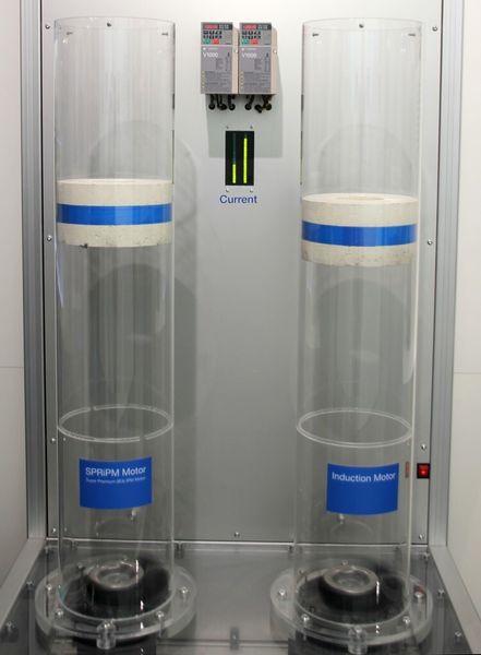 Kombination aus Frequenzumrichter und Elektromotor: Sowohl der Asynchronmotor (rechts) als auch der PM-Motor (links) erreichen die gleich mechanische Lüfterleistung. Allerdings benötigt der Asynchronmotor dafür fast doppelt soviel Energie. (Bild: Michel)
