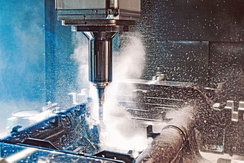 Hart zur Sache: Der aus der KSS-Wolke hervorschießende Regen von Stahlspänen demonstriert die Zerspanungsleistung der Spindel. (Bild: onemorepicture / Bimatec Soraluce)
