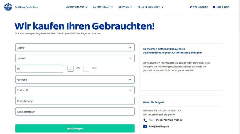 Interessenten haben die Wahl zwischen einer langen und einer kurzen digitalen Ankaufstrecke. (Screenshot emilfrey.de)