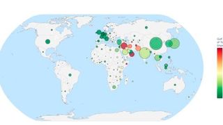 Abhängigkeiten des Welthandels von den an der Straße von Hormus gelegenen Exporteuren am Persischen Golf (Iran, Vereinigte Arabische Emirate, Katar, Kuwait, Bahrain). Die Größe der Bubbles steht für den gesamten Handelswert; die Farbe gibt den Anteil des Persischen Golfs an. (Bild: Ascii)