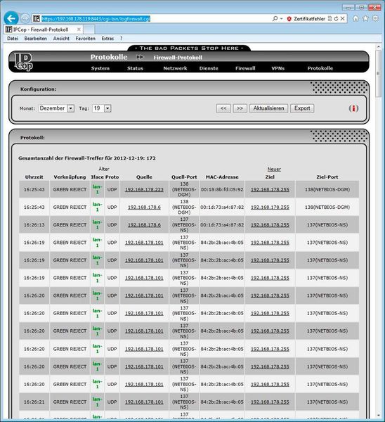 Der Datenverkehr lässt sich in IPCop über Protokolle nachvollziehen. Hier sehen Administratoren die IP-Adressen, sowie den Quell- und Zielport der Netzwerkzugriffe. (Joos)