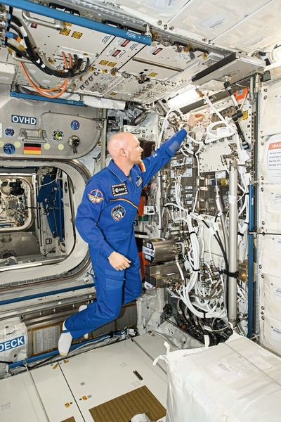 L'astronaute de l'ESA Alexander Gerst installe le « Electromagnetic Levitator » (EML) à bord de l'ISS. C'est sur cet instrument que Alexander Gerst a ensuite réalisé les essais de l'EMPA avec des verres métalliques. (Source : NASA)
